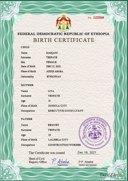 Modèle PSD de certificat de naissance en Éthiopie